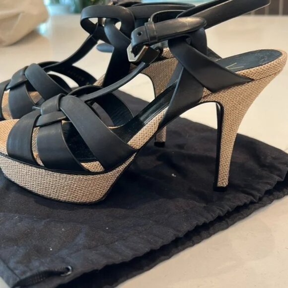 YSL SAINT LAURENT TRIBUTE LINEN AND BLACK LEATHER SANDAL HEEL SIZE 37 - Picture 4 of 6